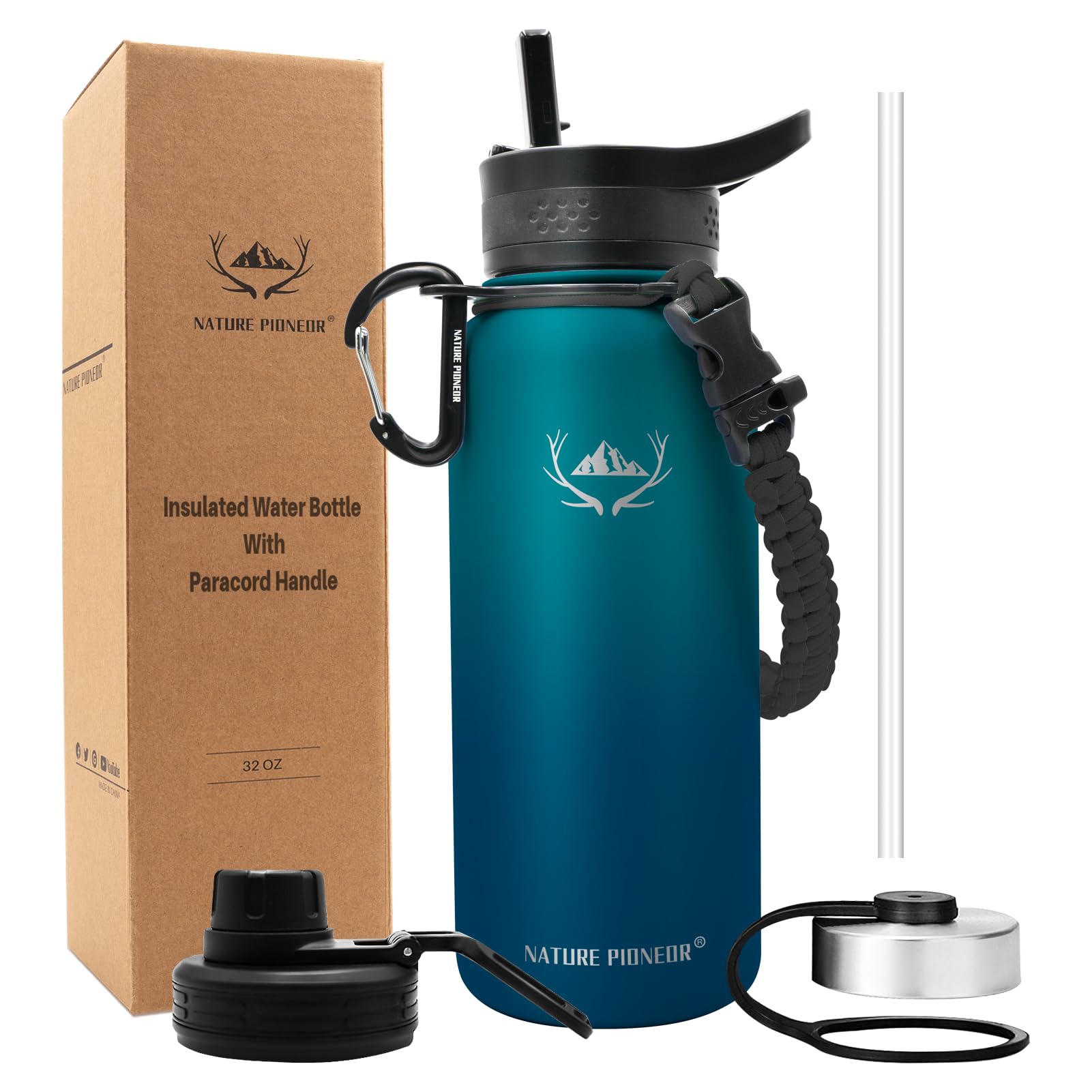 NATURE PIONEOR Insulated Water Bottles with Paracord Handle - 32 oz Vacuum Sports Wide Mouth Water Bottle with 3 Lids, Leak Proof Stainless Steel Keeps Hot and Cold