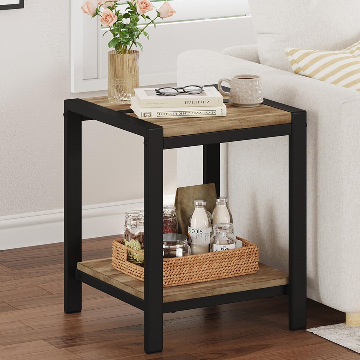 BON AUGURE End Table, Side Table for Living Room, Small Nightstand with 2-Tier Storage Shelf, Rustic Bedside Tables for Bedroom Space (Vintage Oak)