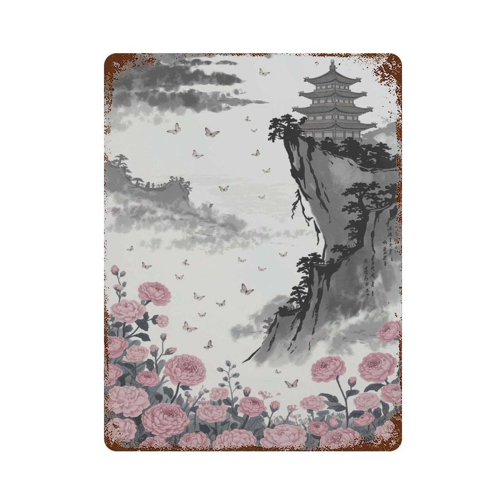 xiaoxiaoshen Chinese Landscape – Pagoda on Cliff Pink Flowers And Butterflies Asian Ink Tradi Wall Decor Art Metal Tin Poster Modern Home Decor Art Home Bar Shop Decorations Vintage Sign 40x30cm