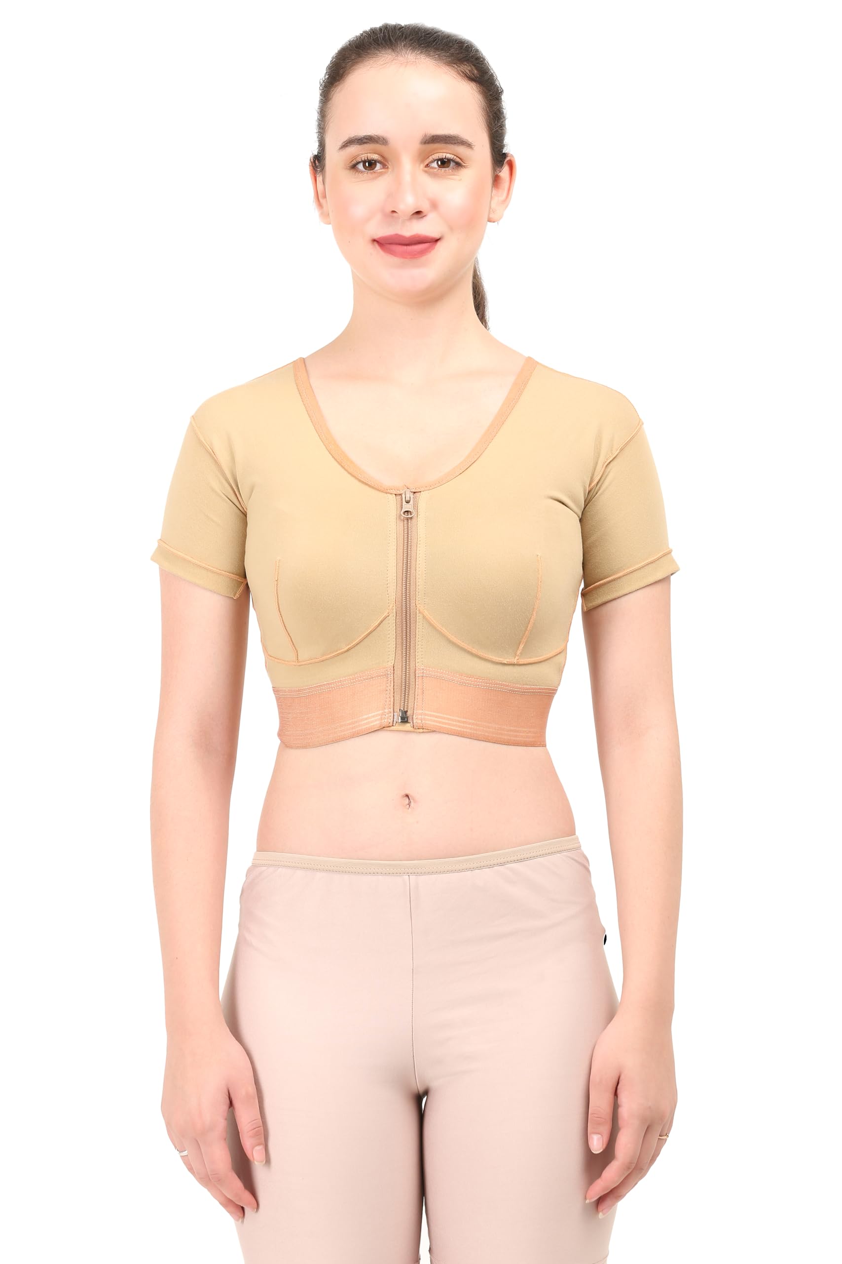 Post Surgical Medical Compression Breast Shapewear with short sleeves || MICROPOLY FABRIC || Breast Support || Surgical Recovery Supporter || (Beige, L)-image-1