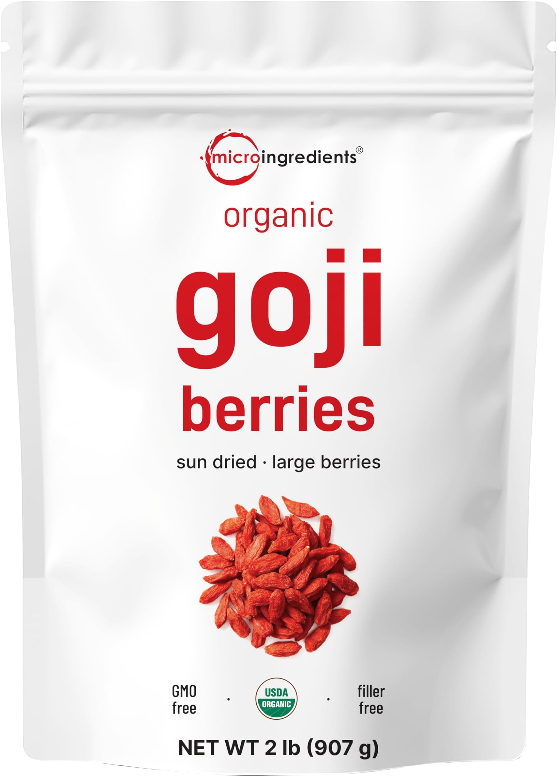 Micro Ingredients Organic Goji Berries 2lbs (32oz) | Large Whole Sun-Dried Berries | Raw Wolfberries | Natural Flavor for Trail Mix, Juice, & Tea | Sulfate Free, Vegan Friendly, Non-GMO