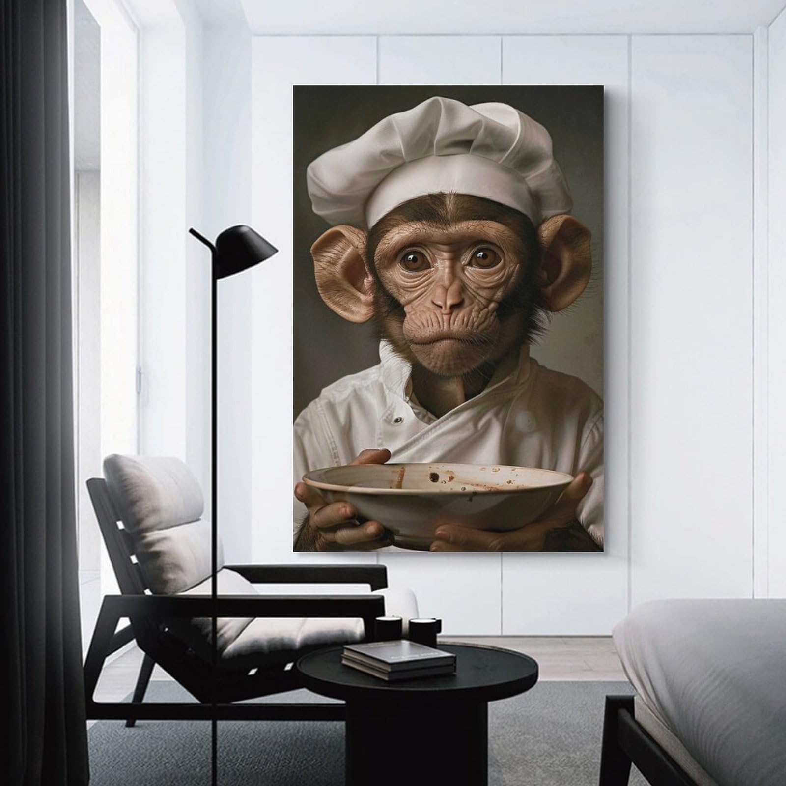 Junmoney Unframe-Style-19-1 Home Decor Wall Art Monkey Chef With Empty Bowl, 24X36inch(60X90cm), For New Homes, Bedrooms Or Workspaces, Home Decor Gift With Stylish Appeal