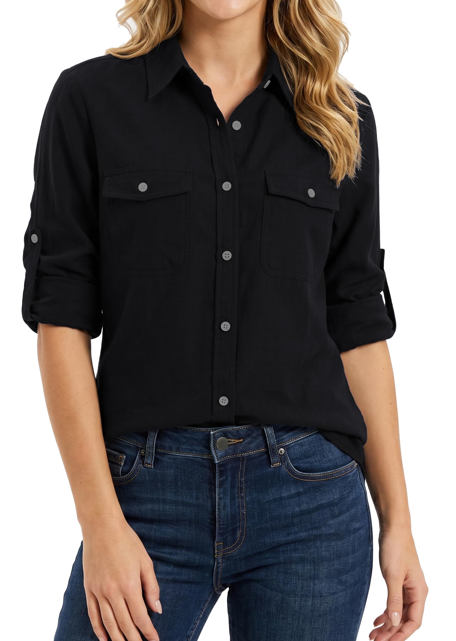 Enmain Chemise Lin Femme à Manches Longues Boutonnée Chemisiers Décontracté avec Manches Retroussables et Deux Poches pour l'Été et la Plage S-3XL