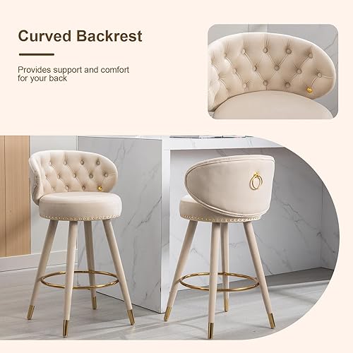 Miniatura 5 de Juego de 2 taburetes de bar de terciopelo, taburetes de bar de altura de mostrador, taburetes de bar de madera retro con respaldo y reposapiés,