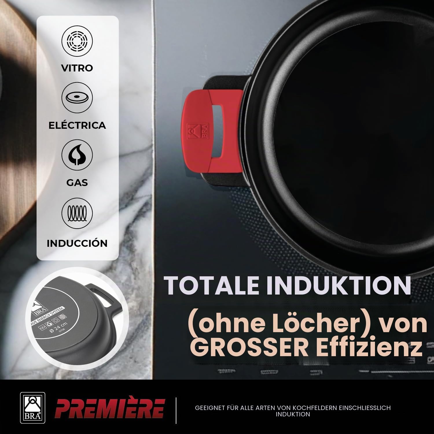 BRA Premiere | Niedriger Schmortopf 24 cm, Aluminiumguss | Dreischichtig, verstärkte Antihaftbeschichtung, 2 abnehmbare Silikongriffe, alle Herdarten einschließlich Induktion geeignet