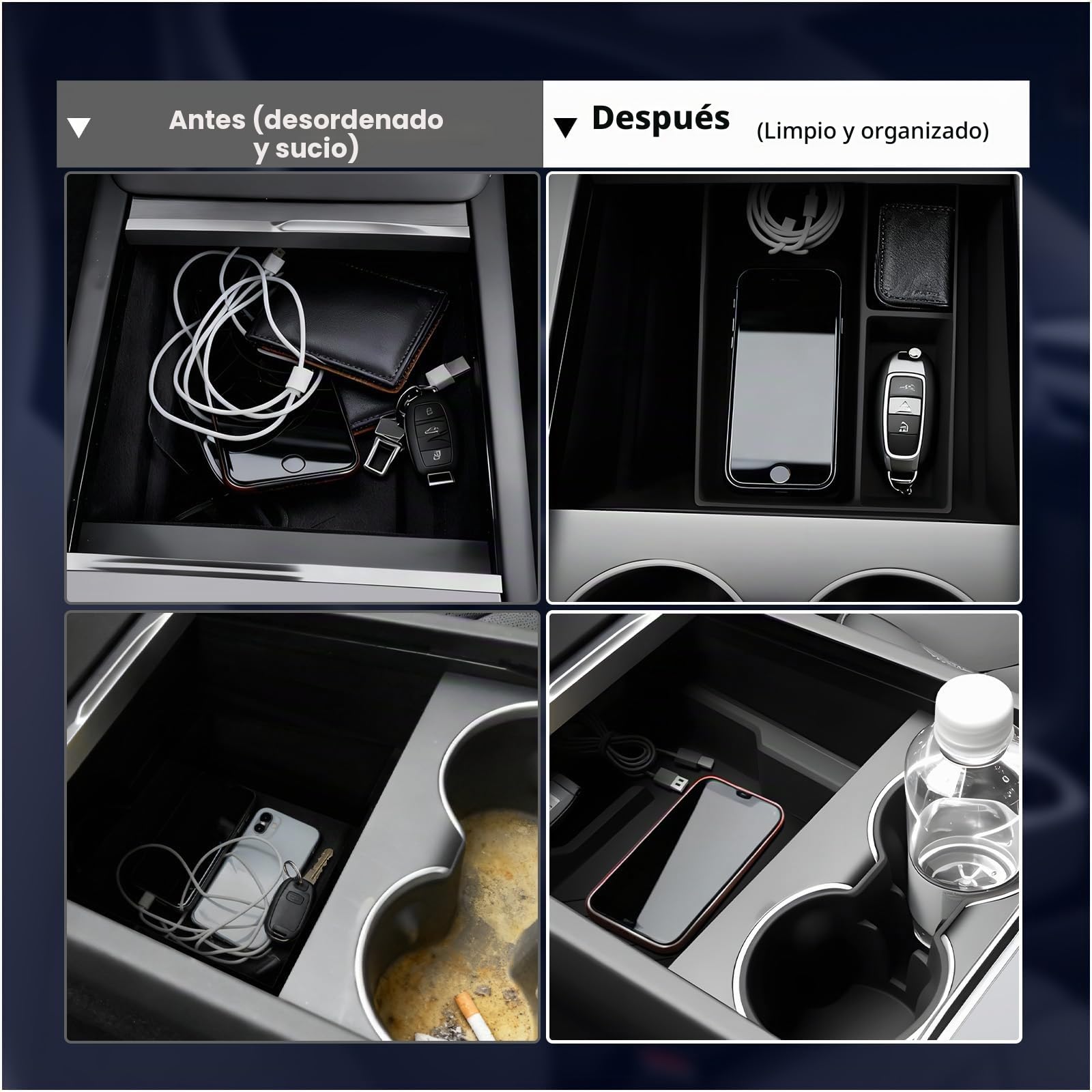 Organizador Consola Central para Tesla Model Y/YL Juniper 2025-2026 Accesorios by MMOBIEL – 6 Pzs. Interior ABS & Silicona – Organizadores, Bandejas, Portavasos, Caja Reposabrazos – Antideslizante