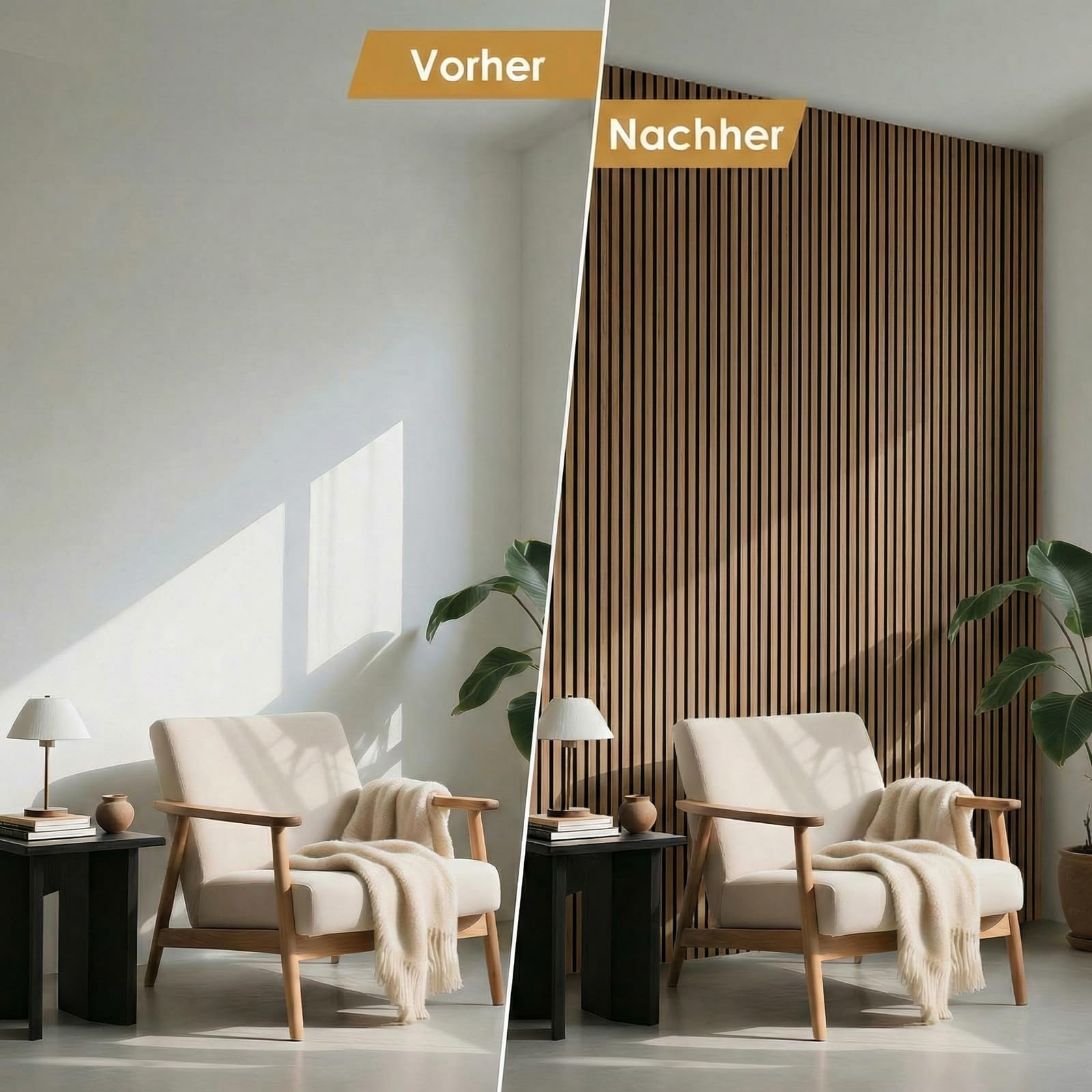 Akustikpaneele Holz 240x60cm, Teak, 4 Stück | Wandpaneele, Mit Holzfurnier & Filz, Für Zuhause & Büro, Für große Wandflächen