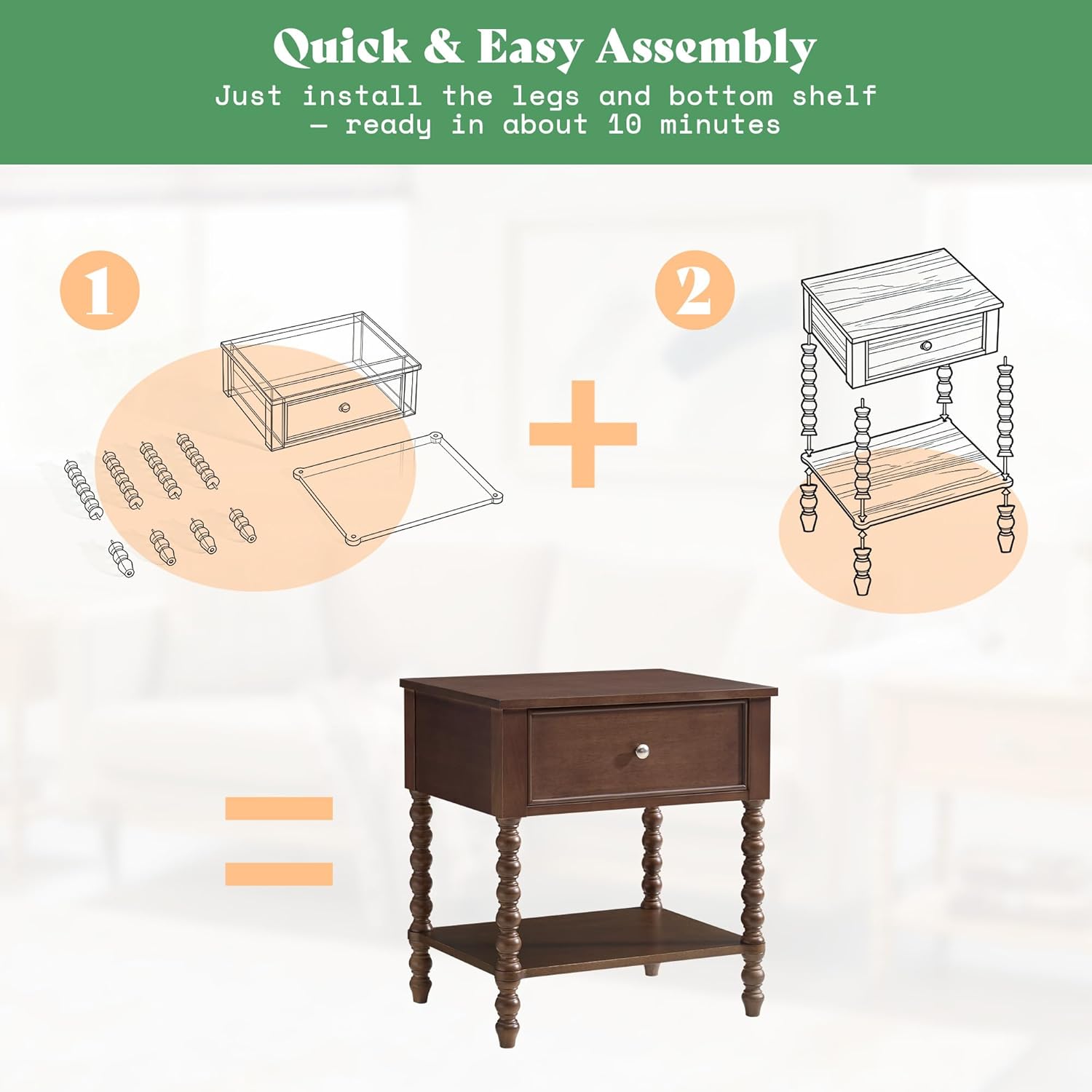 AMERLIFE Solid Wood 24" Nightstand Set of 2 with Turned Legs, Vintage Wide Bedside Table with Drawer & Open Shelf, Modern Accent & Dark Wood Night Stands, Wooden End Table for Bedroom, Walnut