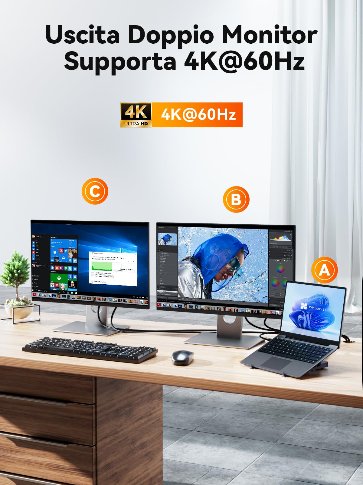 Supporto per Docking Station per Laptop con Doppio Monitor 4K, QUUGE Dual HDMI Docking Station per Laptop, 2 HDMI (Singolo 4K), 2 Porte USB3.0, 100W PD, RJ45 Ethernet, Gestione Desktop USB C Dock