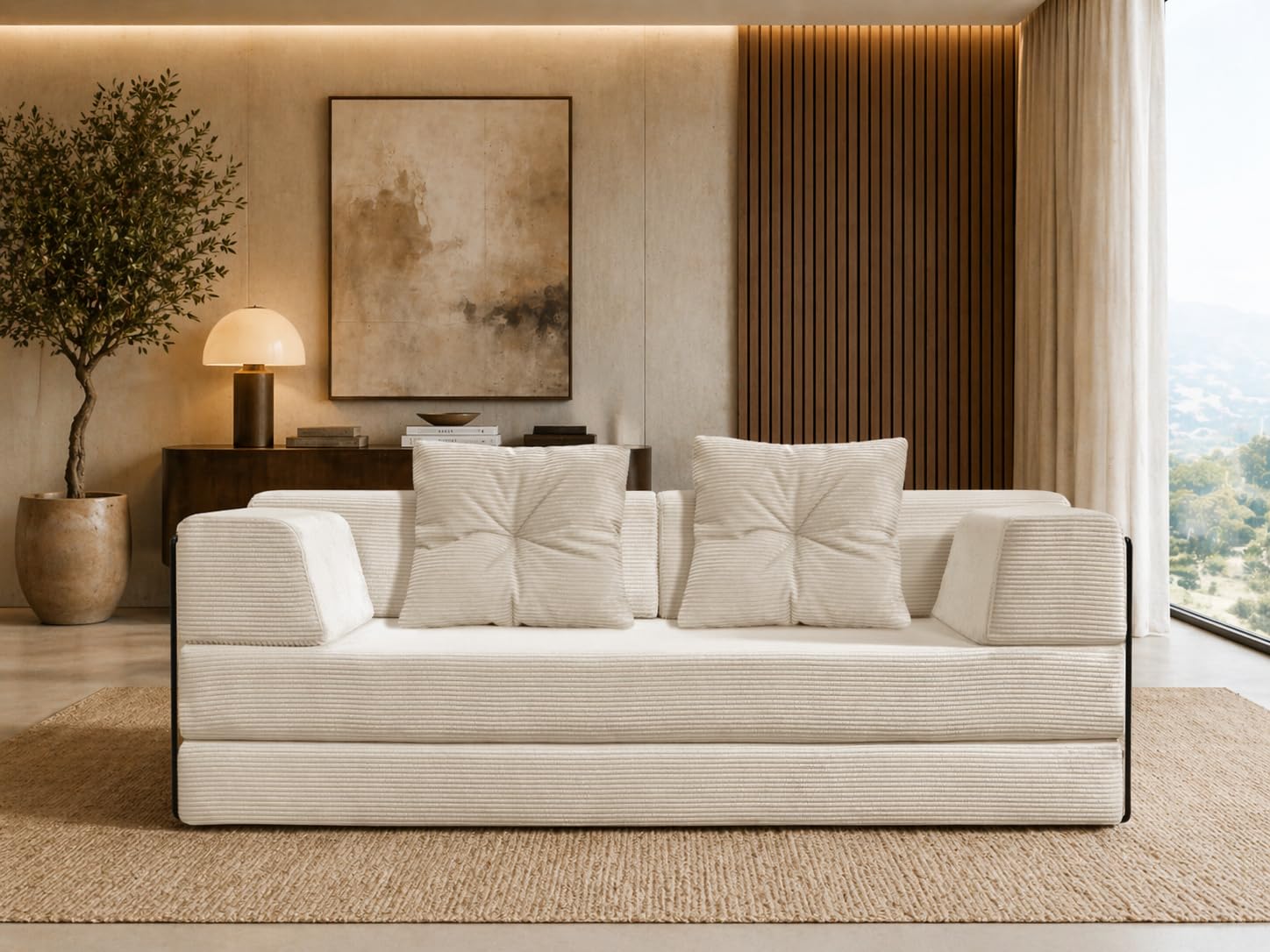 SIMPUR Oasis Sofá Cama 3 Plazas XXL de Pana Premium Beige, Convertible en Cama 180x190 cm, Estructura Metálica Resistente, Funda Lavable, Base Antideslizante, Sin Montaje, Fabricado en España