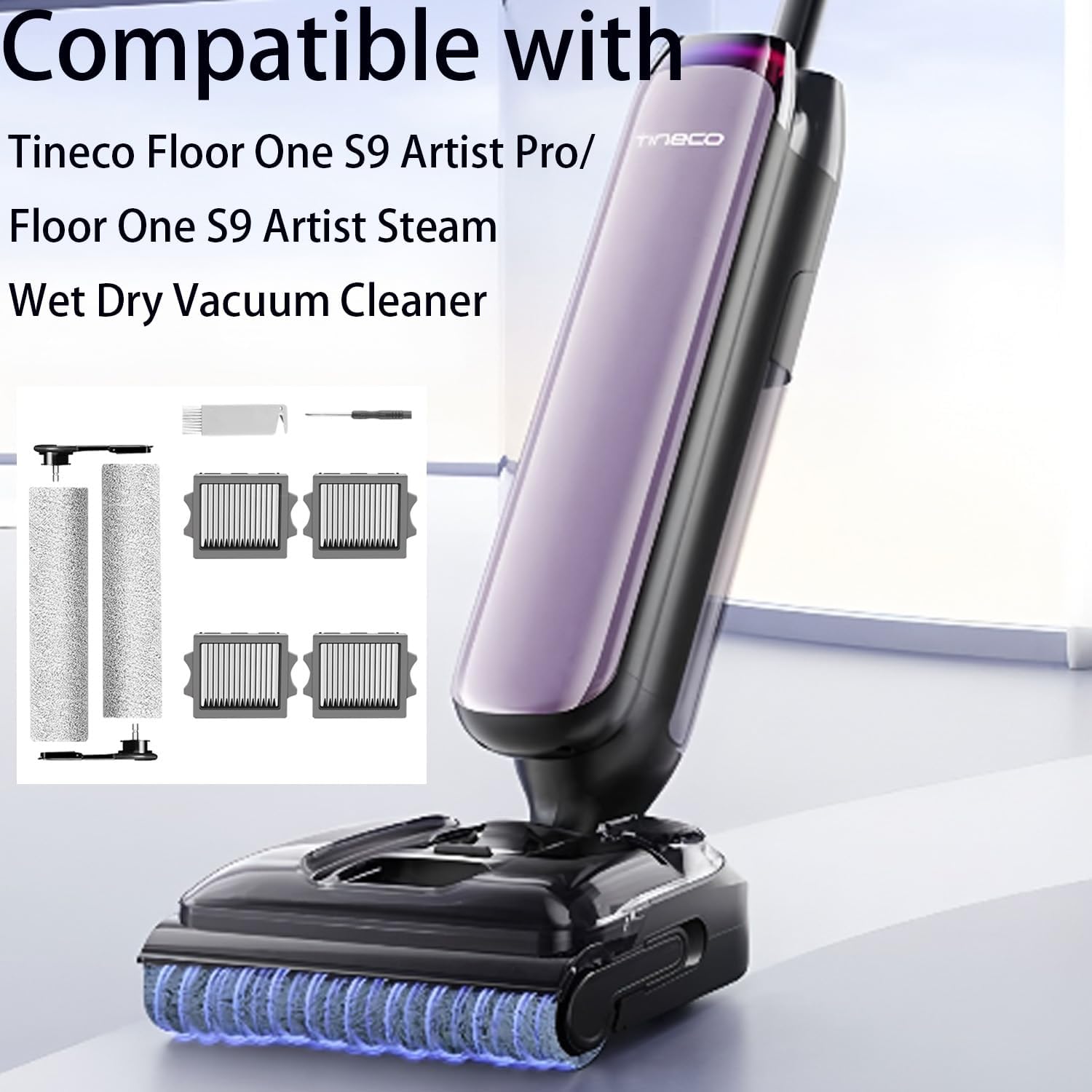 Replacement HEPA Filter,Roller Brush Compatible with Tineco Floor One S9 Artist Pro/Floor One S9 Artist Steam Wet Dry Vacuum Cleaner, Wet Dry parts - 2 Roller Main Brush and 4 HEPA Filters