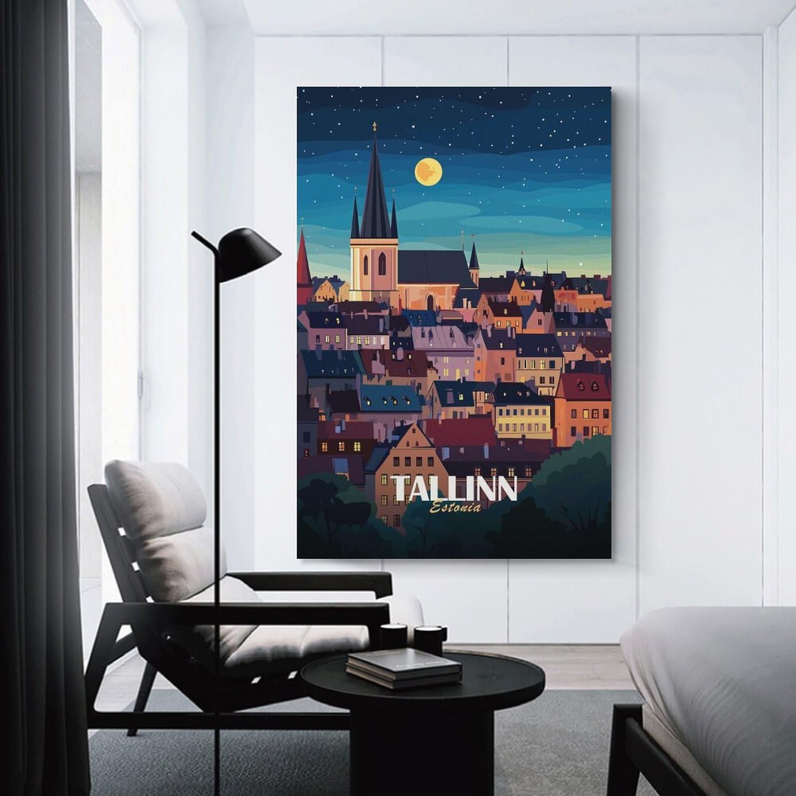 Junmoney Tallinn, Estonia Cityscape at Night Canvas Art Print, 20x30inch(50x75cm), for Living Room, Bedroom, Office Or Hallway, Decorative Artwork with Broad Appeal