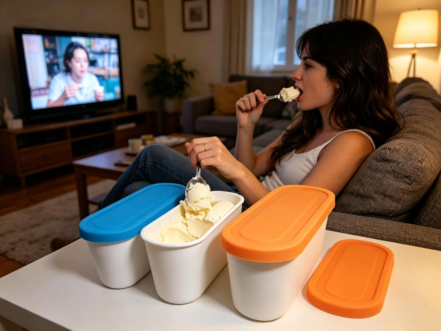 2 Pack Ice Cream Storage Containers 2.3 Quart with Flexible Silicone Lids | BPA Free PP Freezer Tubs for Homemade Ice Cream, Sorbet, Reusable Freezing Container (Blue+Orange)
