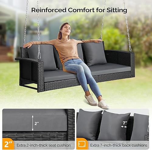 Miniatura 2 de VINGLI Columpio colgante de mimbre resistente de 800 libras con cojines y cadenas, banco de mimbre para exteriores de 5 pies para jardín, patio,