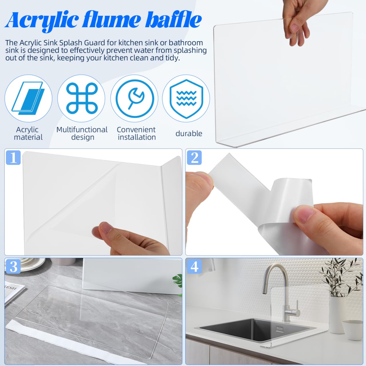 GARVALON Protection anti-éclaboussures en acrylique pour évier Barrière transparente résistante à l'eau pour cuisine et salle de bain, facile à nettoyer, évite les éclaboussures et maintient les