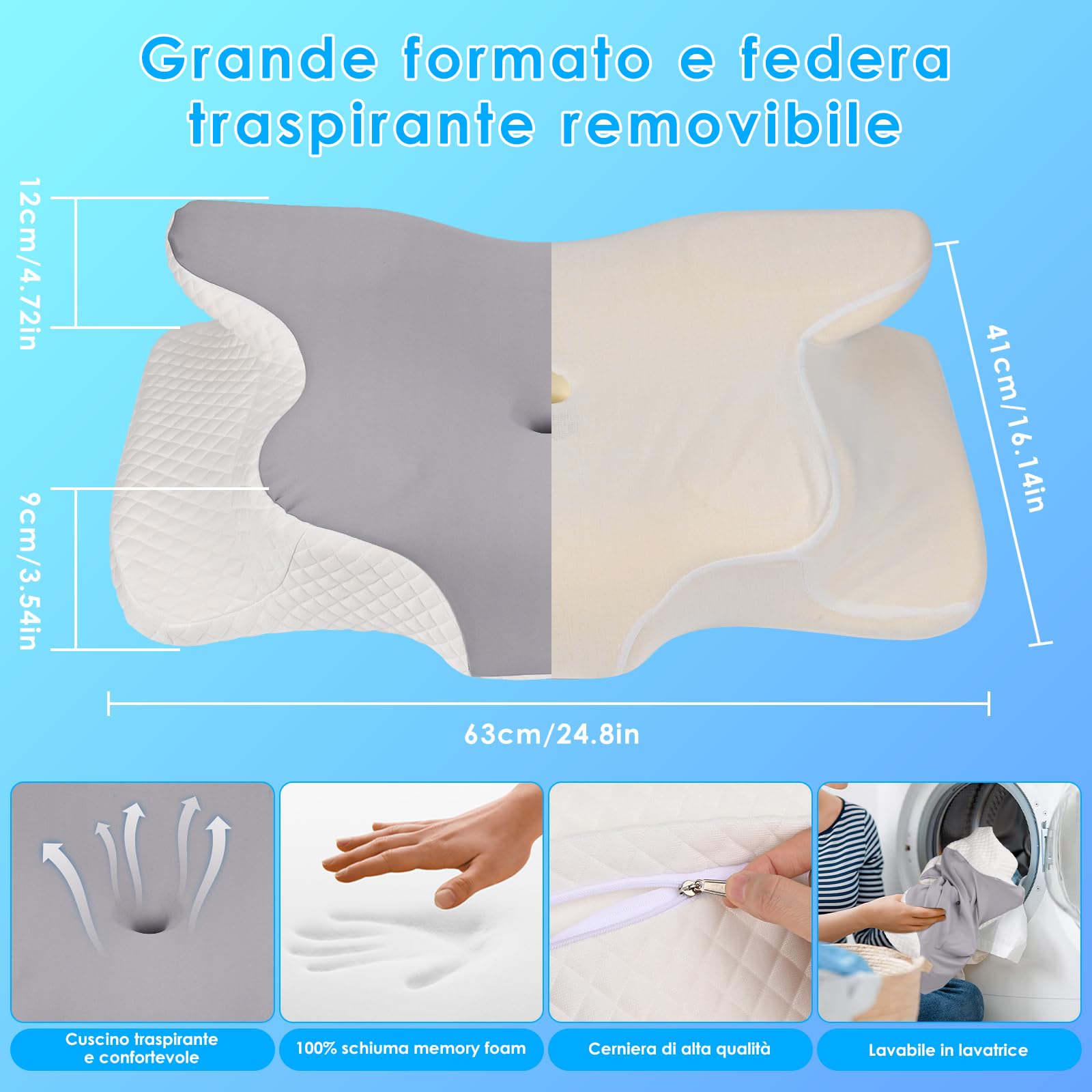 Dreamhigh® Cuscino Cervicale per Dormire, 2 in 1 Cuscino Memory Foam, Sollievo Efficace dal Dolore, Cuscino Ortopedico per Dormire sul Fianco, Schiena e Pancia, 63 x 42 cm x 9/12 cm