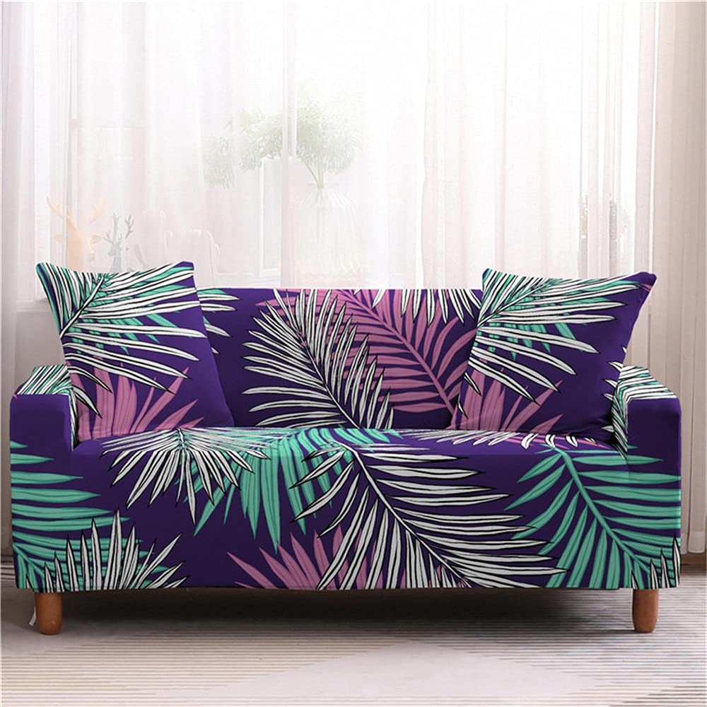 Fansu Purple Stretch Sofa Cover Tropical Plants Palm Leaf Printed Slipcover, Universal Settee Loveseat Couch Cover Home Decor, Soft Removable Washable Pet Furniture Protector (,3 Seater)