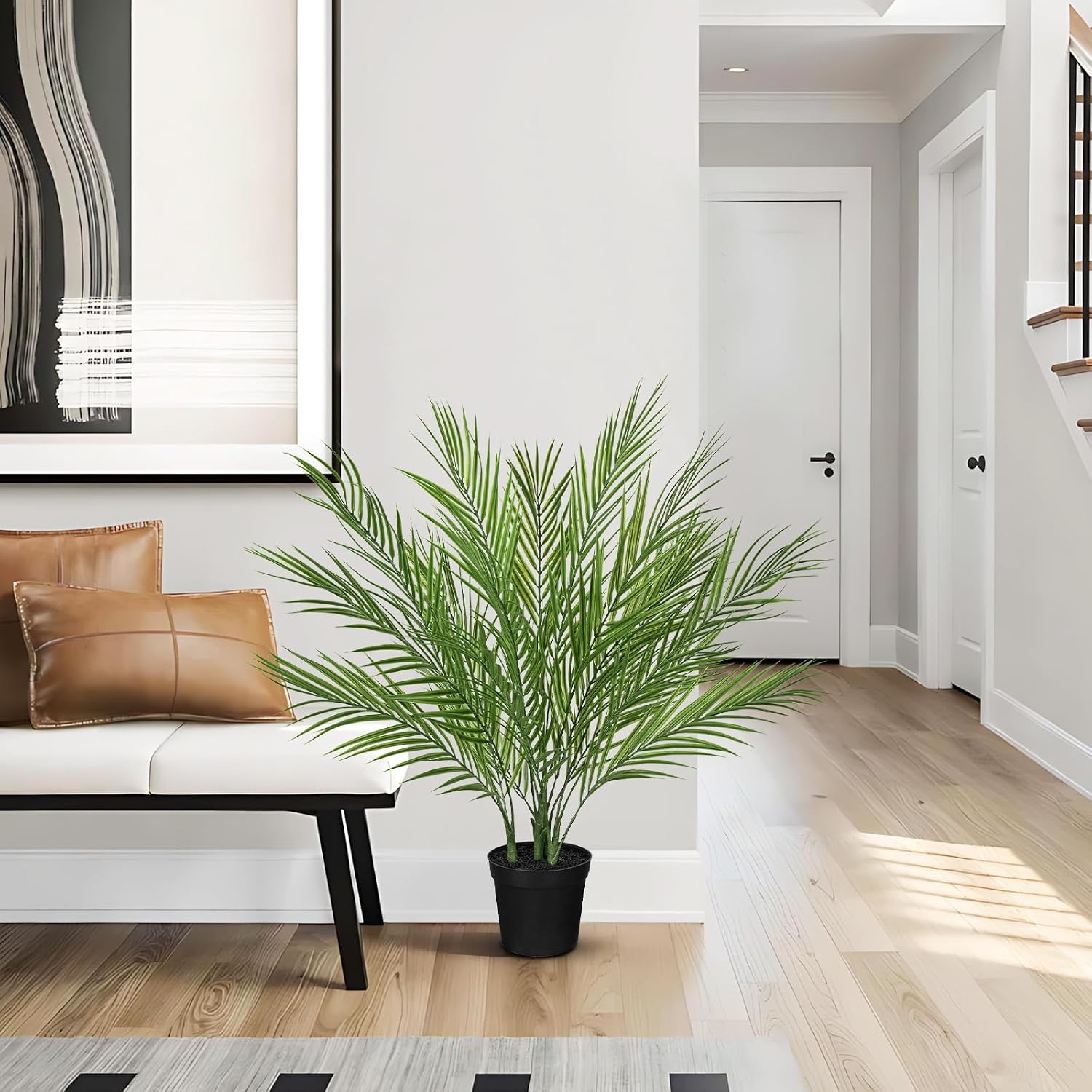 2 Pack Artificial Palm Trees Plants for Indoor Outdoor Use, 3FT Fake Palm Trees Silk Tropical Plants with 16 Tree Trunks, Faux Potted Plant for Home & Office, Living Room, Porch, Patio, Graden Decor