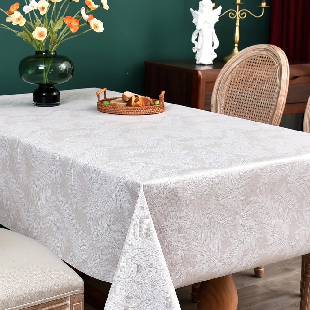 Zobesta Nappes rectangulaires en vinyle pour tables rectangulaires de 213,4 x 140,7 cm, nappe imperméable en vinyle avec feuilles beiges, tables rectangulaires pour cuisine, fête, mariage, pique-nique