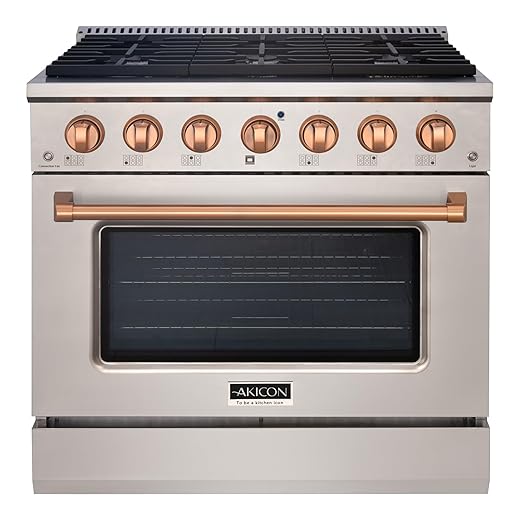 Akicon 36" Slide-in Freestanding Professional Style Gas Range with 5.2 Cu. Ft. Oven, 6 Burners, Convection Fan, Cast Iron Grates & Blue Porcelain Oven Interior, in Stainless Steel with Copper