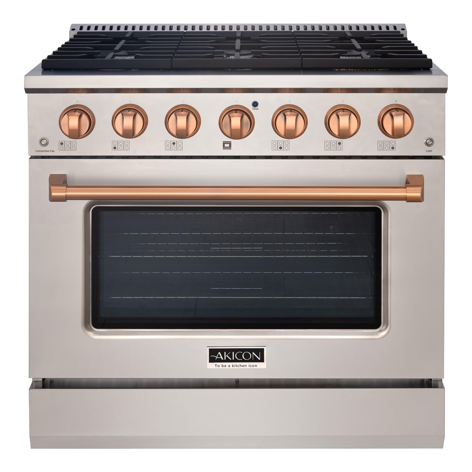 Akicon 36" Slide-in Freestanding Professional Style Gas Range with 5.2 Cu. Ft. Oven, 6 Burners, Convection Fan, Cast Iron Grates &amp; Blue Porcelain Oven Interior, in Stainless Steel with Copper