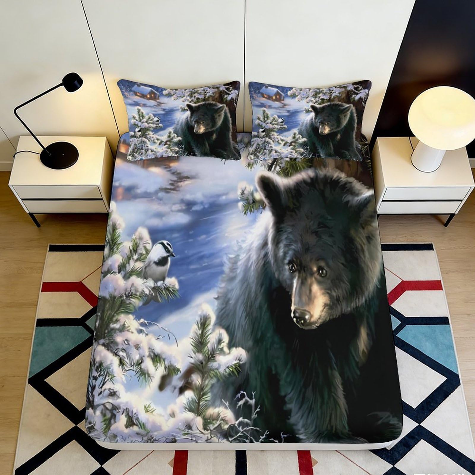 Uynsixtme Style-4 3D Printed Bear Forest Fitted Sheet Microfiber Deep Pocket Bedroom Bedding Winter Forest Mattress Fitted Cover Washable Non-Slip 200X200x25cm