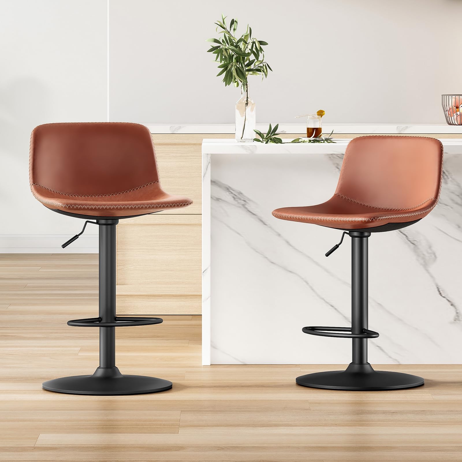 Photo 1 of Adjustable Bar Stools Set of 2, Mid Century Modern Swivel Bar Stools, Industrial Bar Height Stools with Back Support Counter Height Bar Chairs Pu Leather Bar Stool for Kitchen Island Rustic Barstools Brown