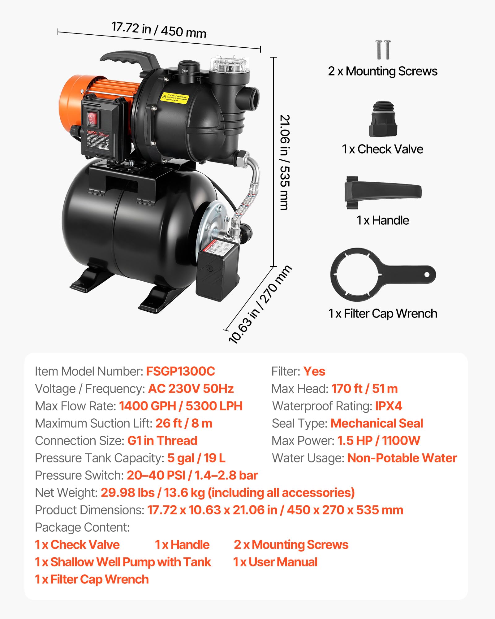 VEVOR Groupe de Surpression 1100 W Pompe avec Réservoir de Pression 19 L pour Puits Peu Profonds Arrosage Jardin, 5300 L/h, avec Filtre, Clapet Anti-retour, Surpresseur Auto, Pressostat 1,4-2,8 bar