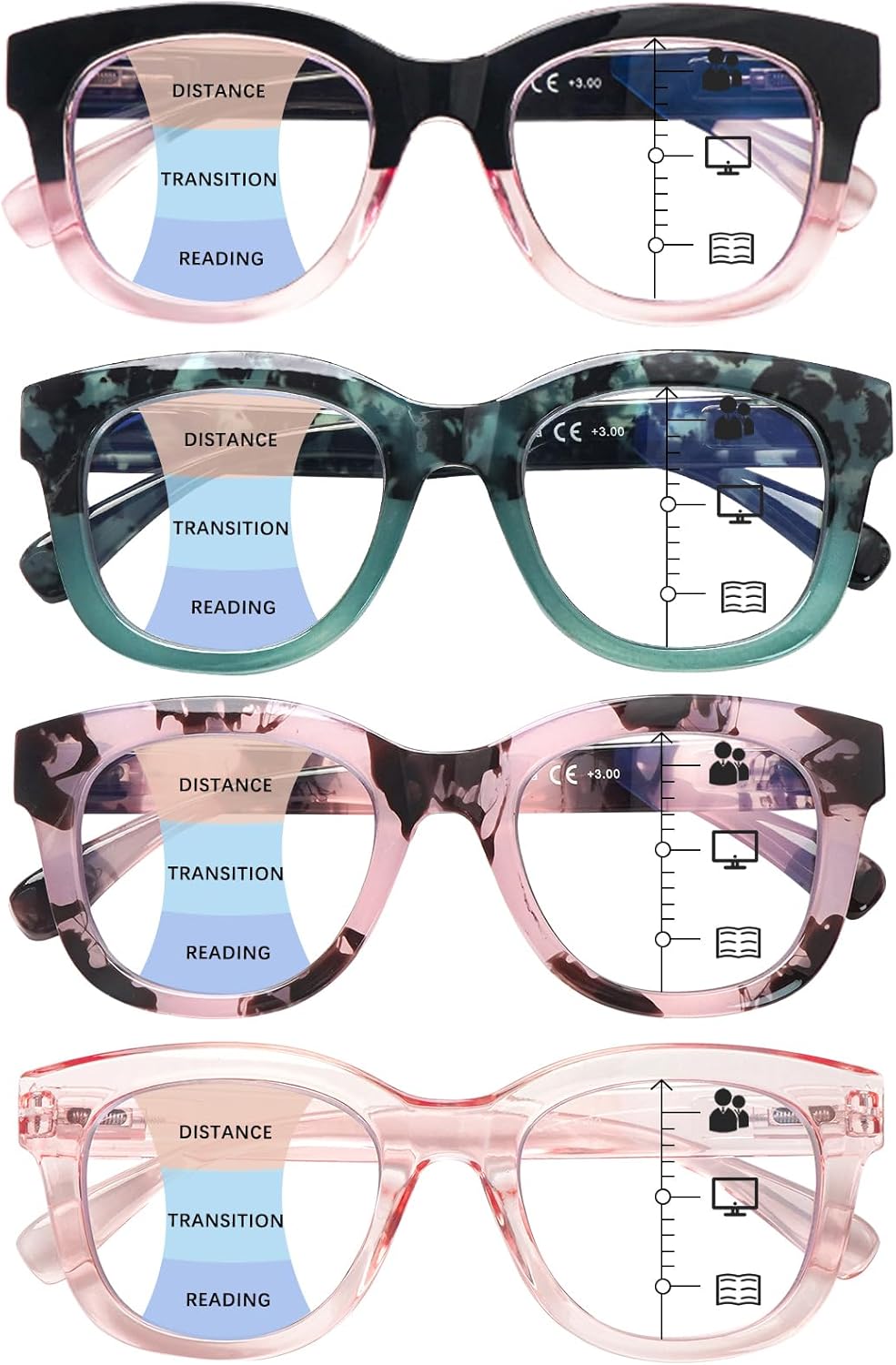 Oprah Style Progressive Multifocus Reading Glasses for Women,Blue Light Blocking Computer Readers with Spring Hinge