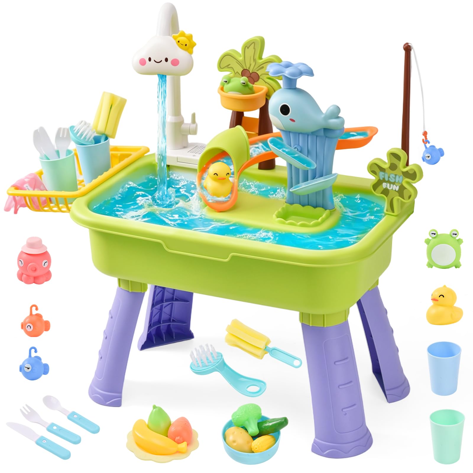 Fregadero de Juego 4 en 1 con Agua Corriente, Mesa de Agua para Niños con Pesca y Tobogán, Juguete Sensorial de Verano para Exterior