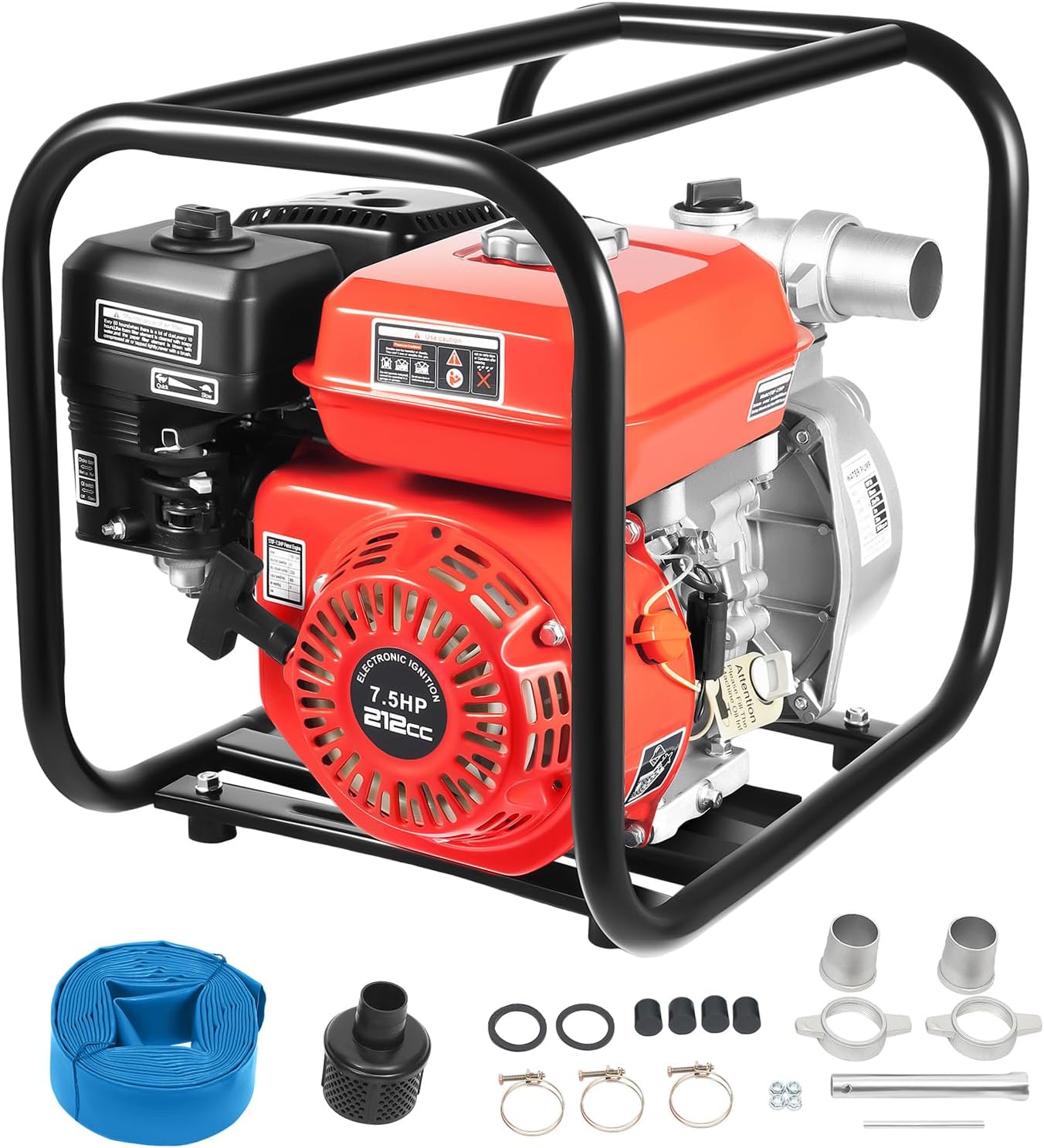 2 Inch Gas Powered Trash Water Transfer Pump, 212CC 4 Stroke Gasoline Engine Water Pump, 85.3Ft Lift, 26.25ft Suction, High Pressure w/ 24.61Ft Hose, 0.95 Gal Fuel Tank for Farmland Garden Irrigation