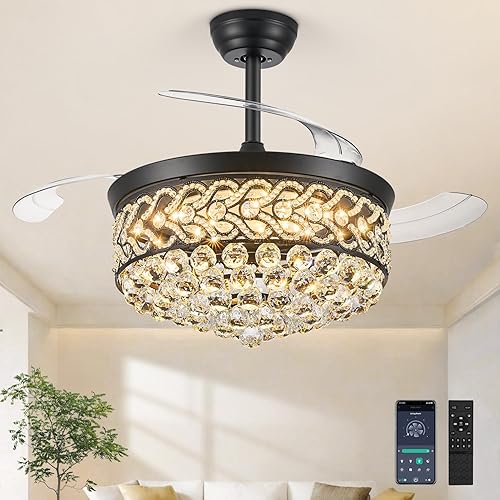 Miniatura 16 de Ventilador de Techo Fandelier de Cristal de 48" con Luz, Ventiladores de Techo Retráctiles Araña Ventilador con Aspas Retráctiles LED Regulable