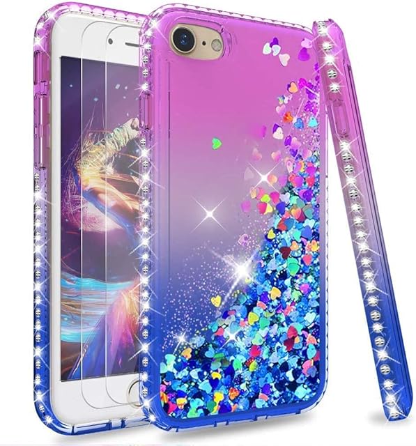 LeYi for iPhone SE 2020 Case, iPhone 7 Case,iPhone 8 Case and 2 Glass Screen Protector, Glitter Liquid Flow Luxury Clear Personalise TPU Silicone Shockproof Cover for iPhone 7/8/Se 2020 Purple Blue