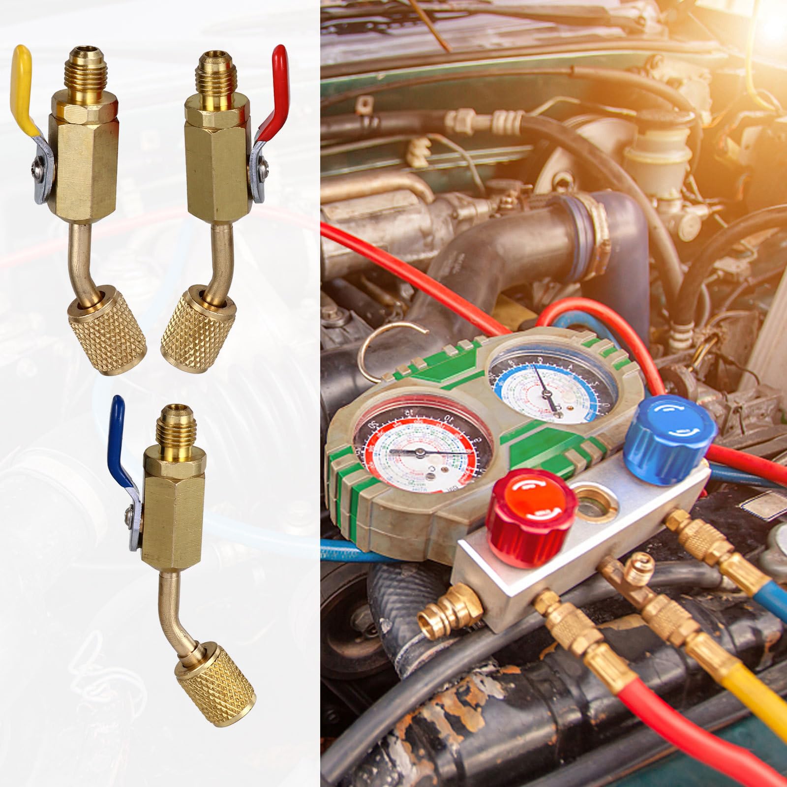 NUOBESTY Raccord Frigorifique 3 Pièces en Cuivre Vanne à Bille Coudée 45 Degrés, Facile à Installer, Adapté pour Manifold et Réfrigérants de Climatisation Automobile