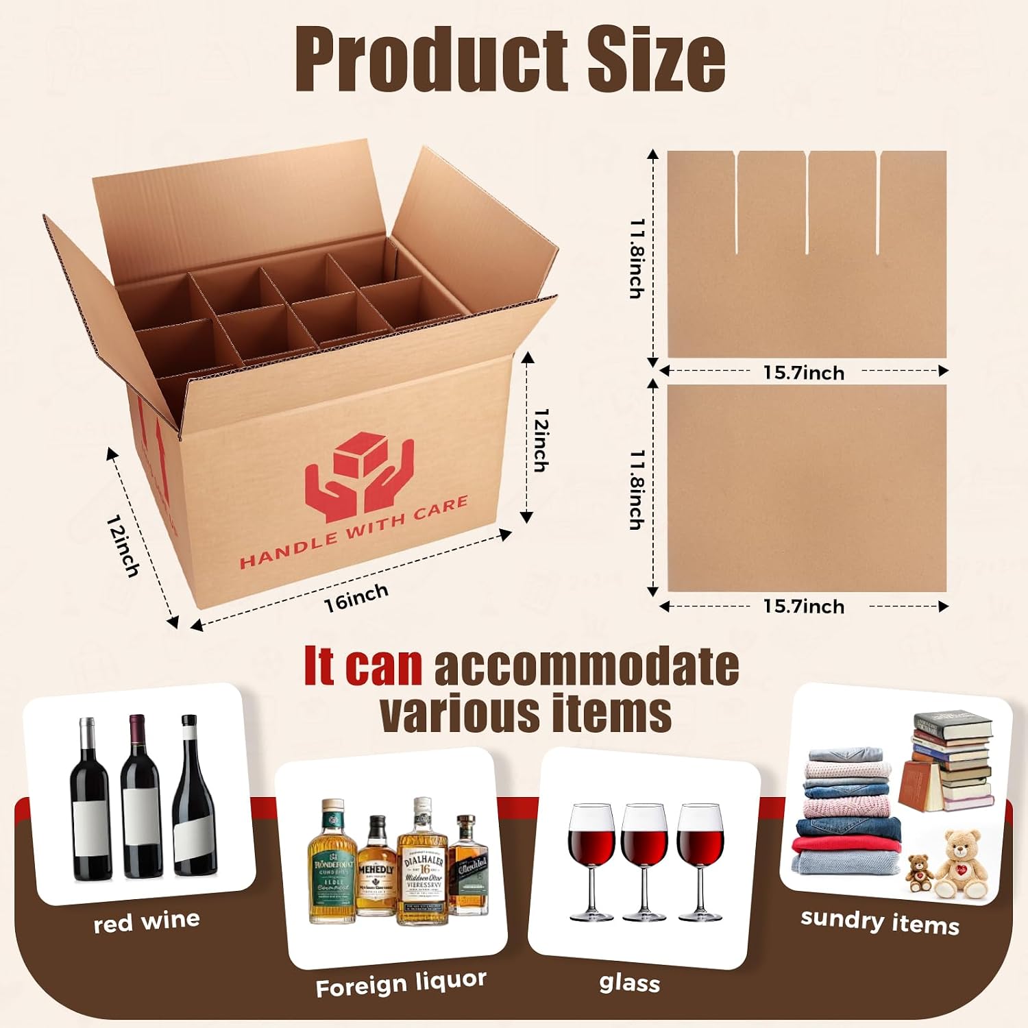 6 PCS 16x12x12 Inch Wine Bottle Moving Boxes with Dividers