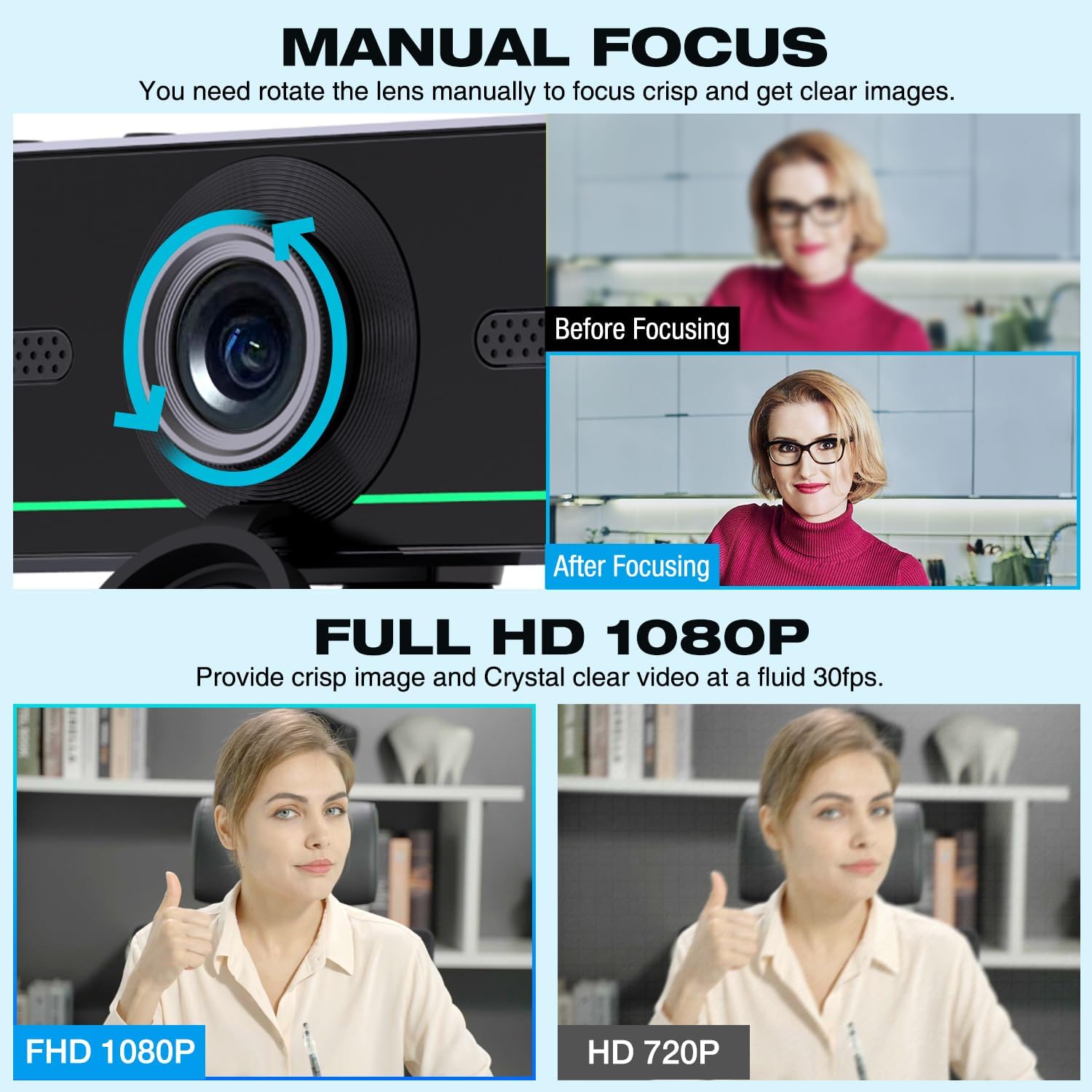 Gsou 1080P Webcam with Microphone for Desktop, Computer Webcam Connect Bluetooth Headset/Earphone/Speaker, Streaming Webcams for Live Skype Teams, PC Web Camera for Streaming,Bluetooth only for Audio
