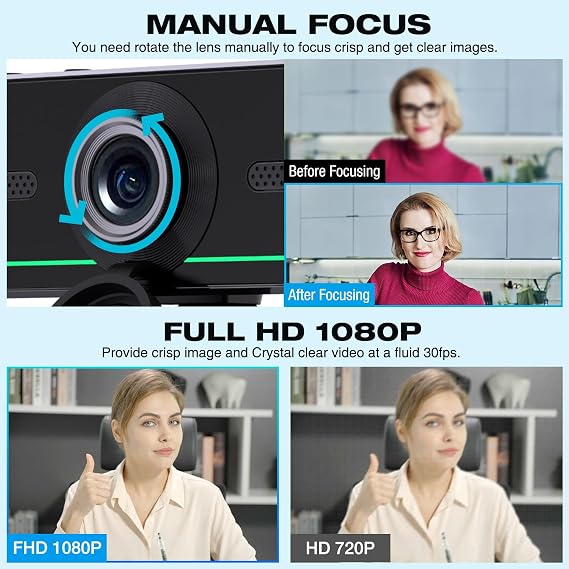 Gsou 1080P Webcam with Microphone for Desktop, Auto Light Correction,Privacy Cover, Computer Webcam Connect Bluetooth Headset/Earphone/Speaker, Webcams for Live Skype Teams, Bluetooth only for Audio