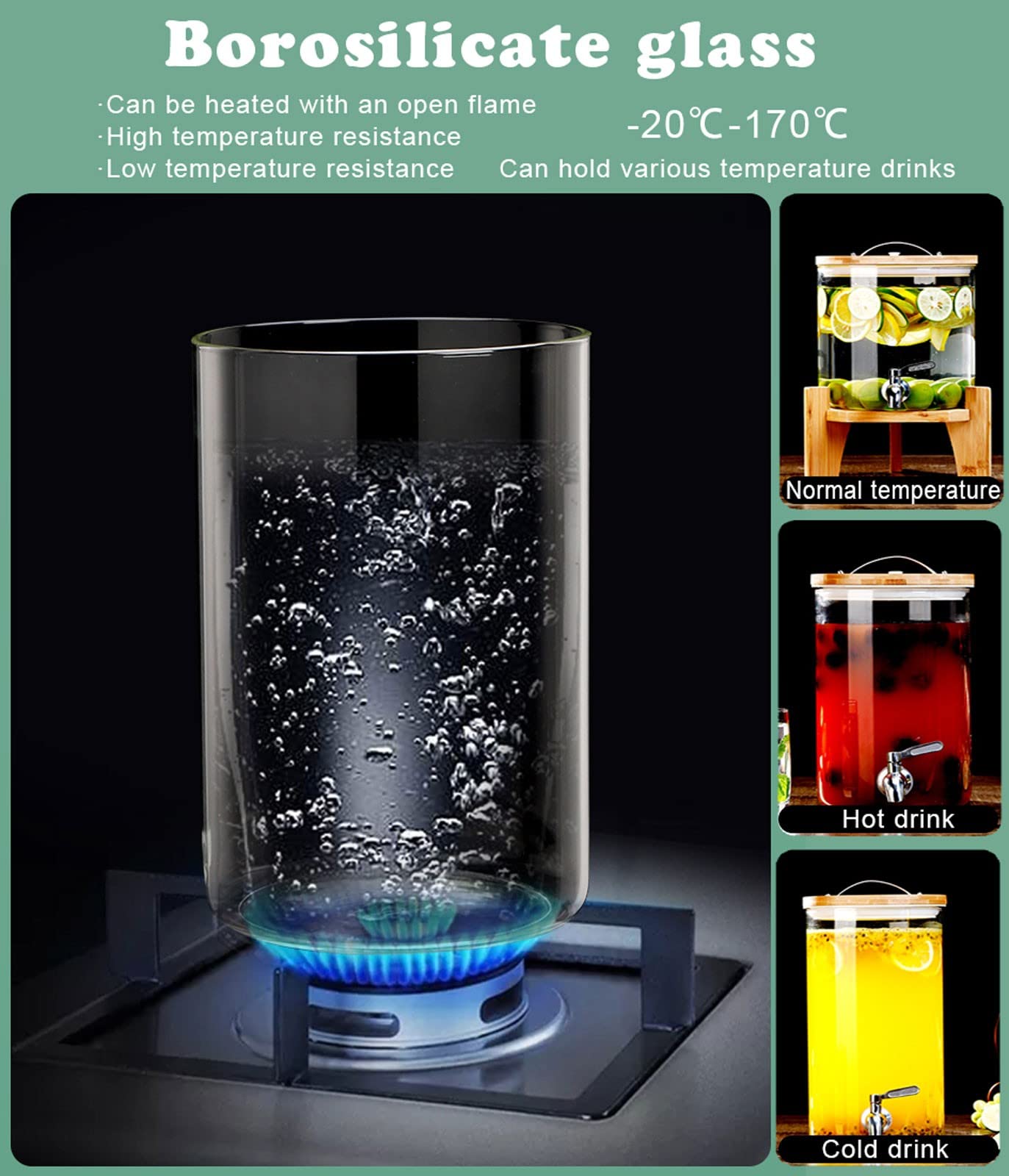 Dispenser per bevande in vetro con beccuccio in acciaio inox e supporto in bambù, dispenser per bevande durevoli per uso domestico o commerciale, ideale per bevande calde e fredde alle feste
