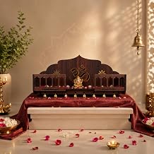 Traditional Balcony Style Wooden Mandir Wall Mounted Pooja Mandir for Home Wooden Temple with Om Design Golden Bells Railing Prayer Shelf for Home Office Housewarming Gift 8 Inch