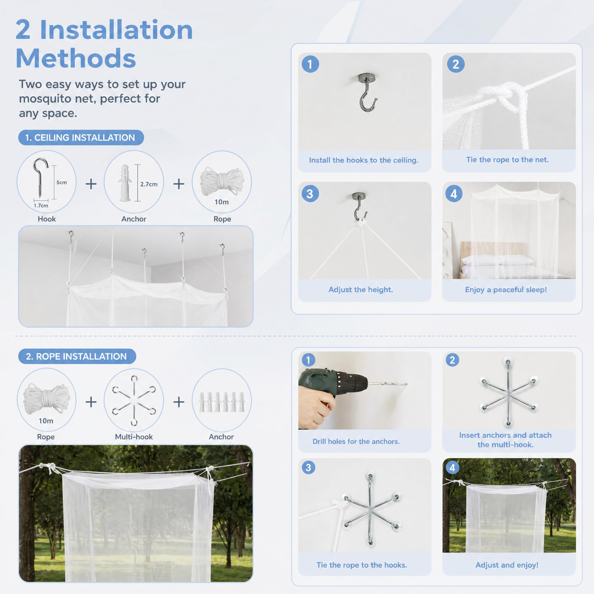 BUZIFU Zanzariera Letto Singolo Zanzariera Lettino da Campeggio con Kit Completo per la Sospensione Zanzariera Quadrata per Interni ed Esterni (200 * 100 * 190CM)