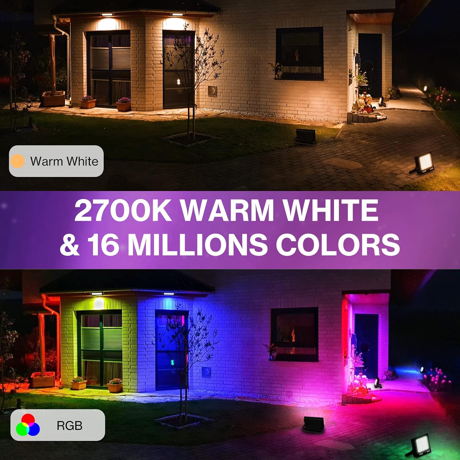 Olafus 250W Equivalent Flood Light, 16 Million Color Changing Halloween Spotlight, IP66 RGB Stage Lights APP and Remote Control, 2700lm Dimmable Uplights for School Party Yard Christmas Room 2 Pack