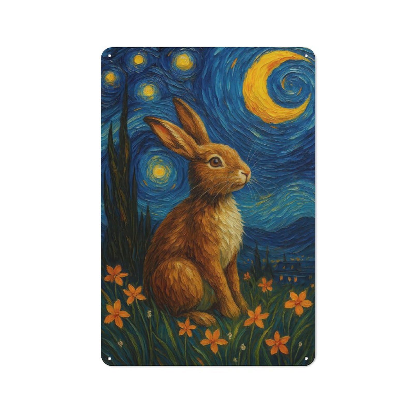 Industrial Rabbit in Starry Night Style Retro Metal Sign 30x20cm, Shed Wall Plaque for Garage, Workshop, Shed Or Utility Room