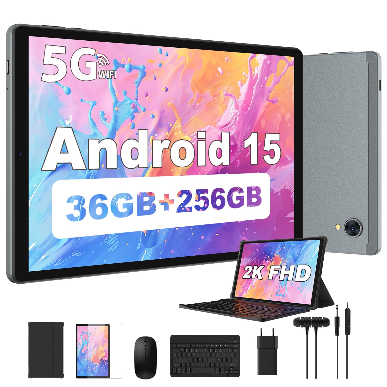 RUSHAR Tablet Andriod 15, Tablet 10.4 Pollici, 36GB RAM+256GB ROM(TF 2TB), 5G WiFi/INCELL 2000 * 1200/8000mAh/Octa-Core/13MP+8MP/BT5.0/OTG, 2 in 1 Tablets con Tastiera e Mouse,Grigio