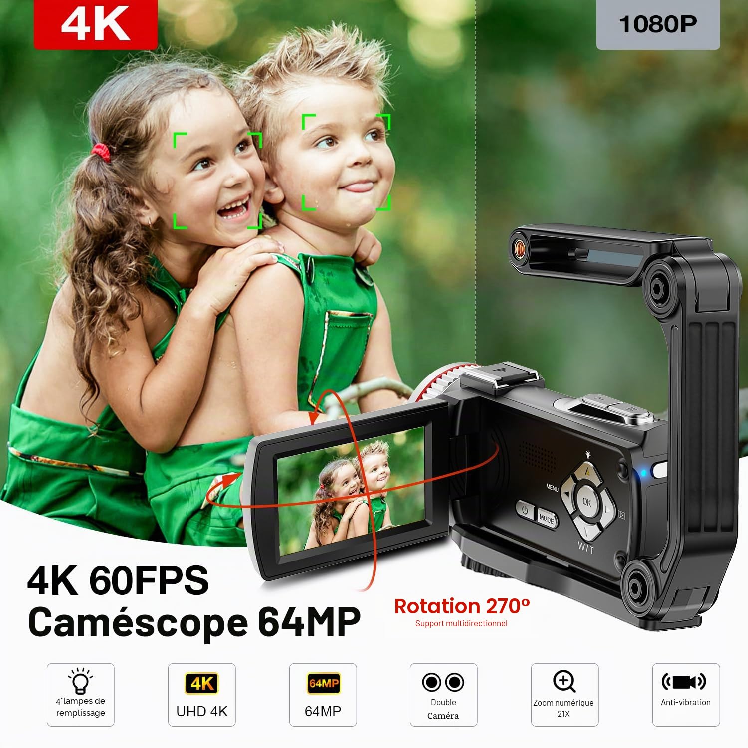 Caméra Vidéo 4K 64MP Caméscope Vlogging avec Écran Rotatif 270°, Carte 64 Go, Microphone, Stabilisateur, Télécommande, 2 Piles