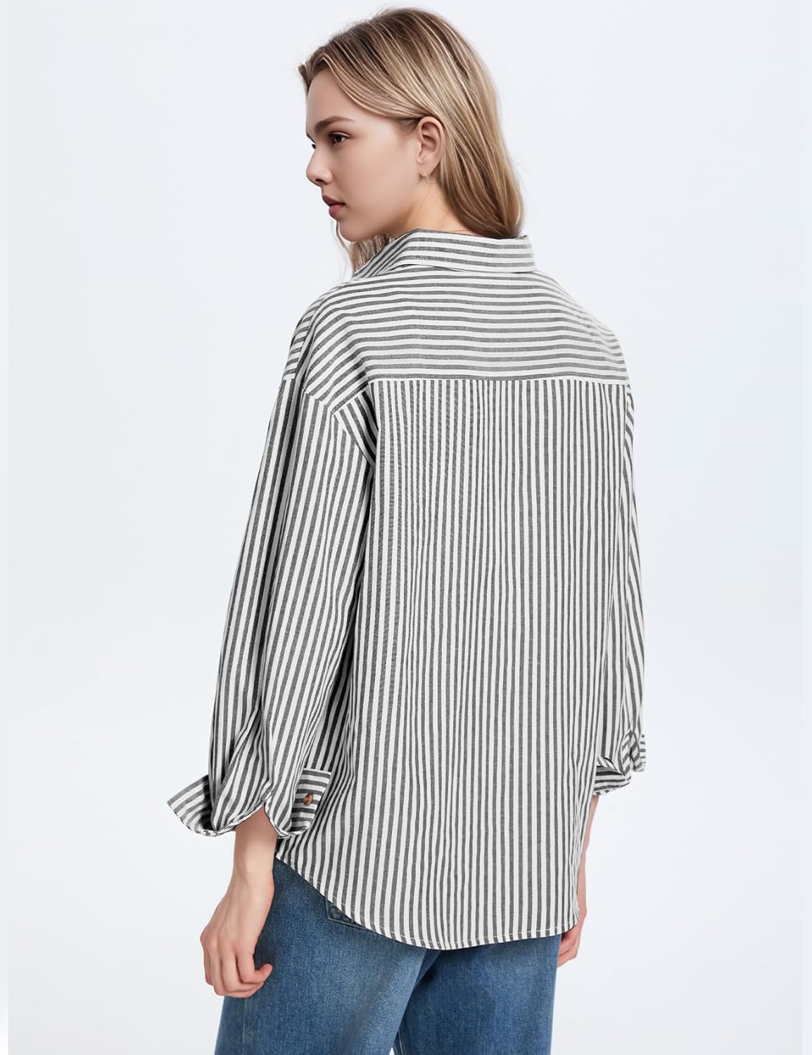 Flygo Womens Button Down Striped Shirt Casual Collared Cotton Oversized Long Sleeve Work Blouse Tops - Image 4