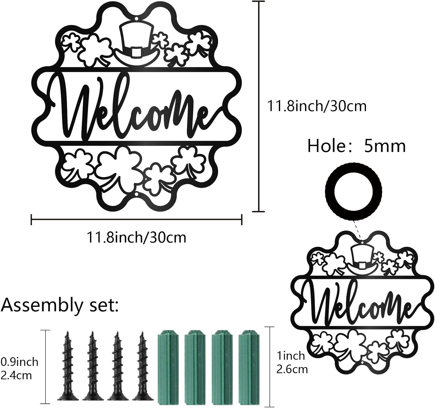 CREATCABIN Welcome Metal Wall Decor Black Metal Wall Sign Hat Clover Iron Sculptures Word Wall Artwork Hanging Ornament Decoration for Living Room Office Garden Balcony Decoration 11.8 x 11.8 Inch