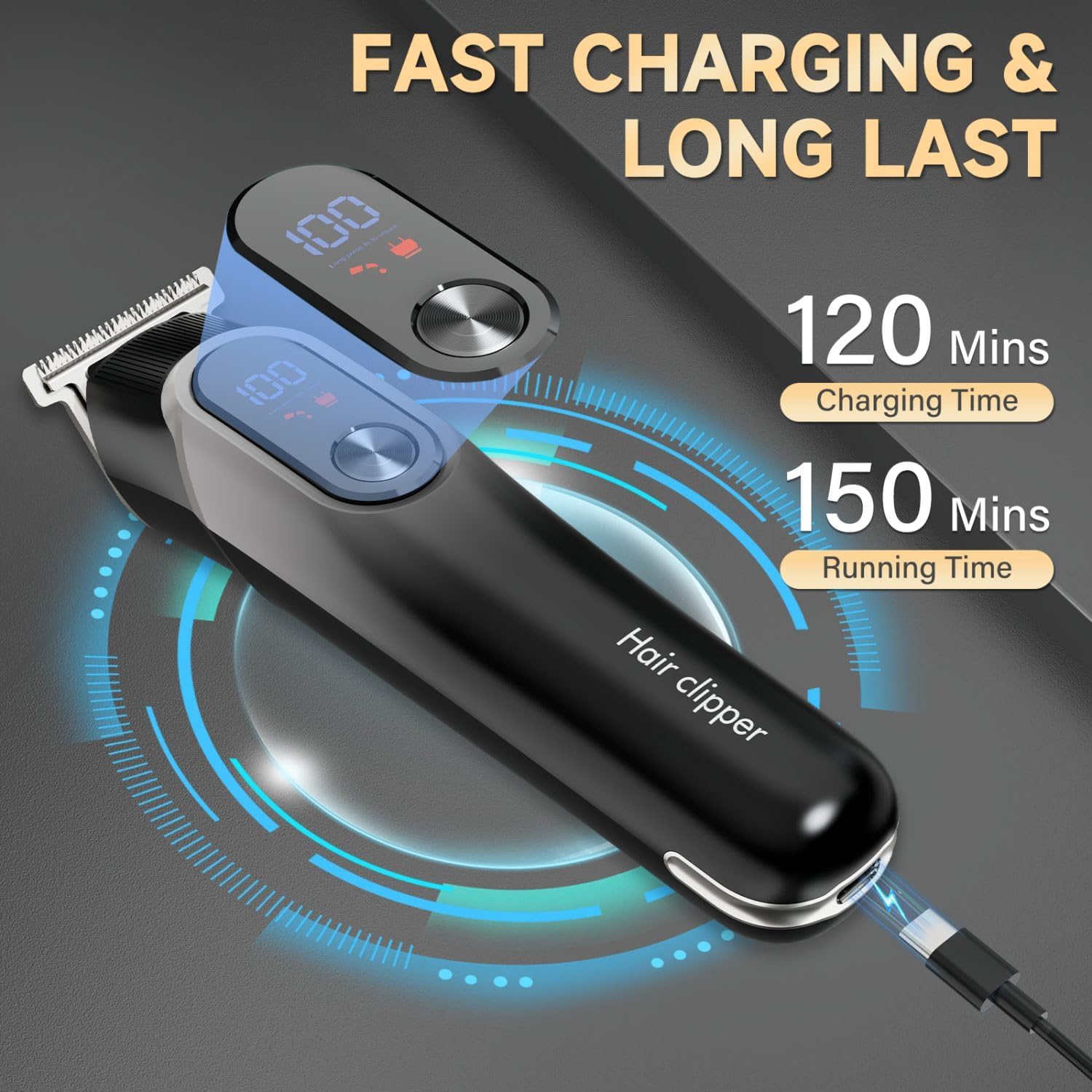 Beard Trimmer for Men, Professional Mustache Trimmer, Rechargeable Electric Razor for Men with T-Blade, Cordless Hair Clippers, Mens Grooming Kits for Body/Face/Ear/Nose, LED Display, Gray