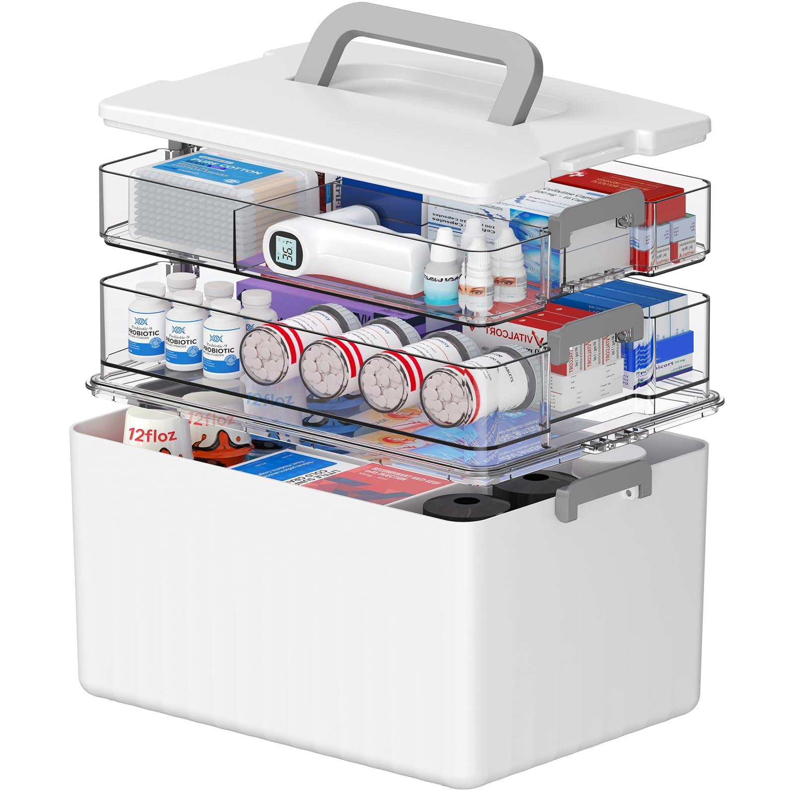 Lifewit Medikamentenbox, Kunststoff Medizinbox mit Griff, Medikamenten Aufbewahrung für Flaschen bis zu 18 cm hoch, Hausapotheke Medikamenten Organizer für Zuhause Büro Schule