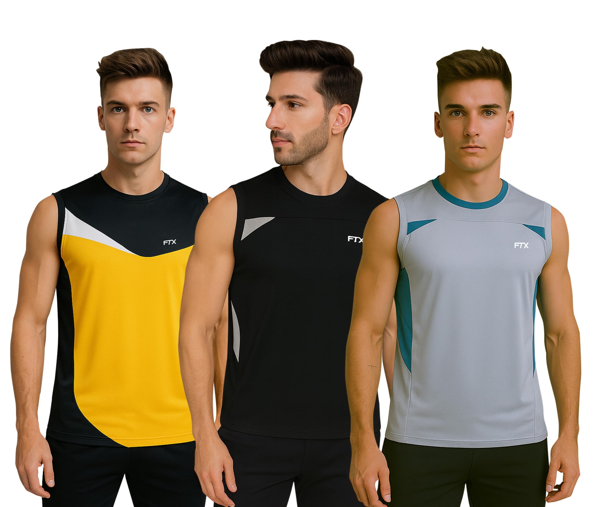 FTX Drifit Round Neck Colorblock Sleeveless Activewear Sports Casual Tshirt for Men (Pack of 3)-picture-40