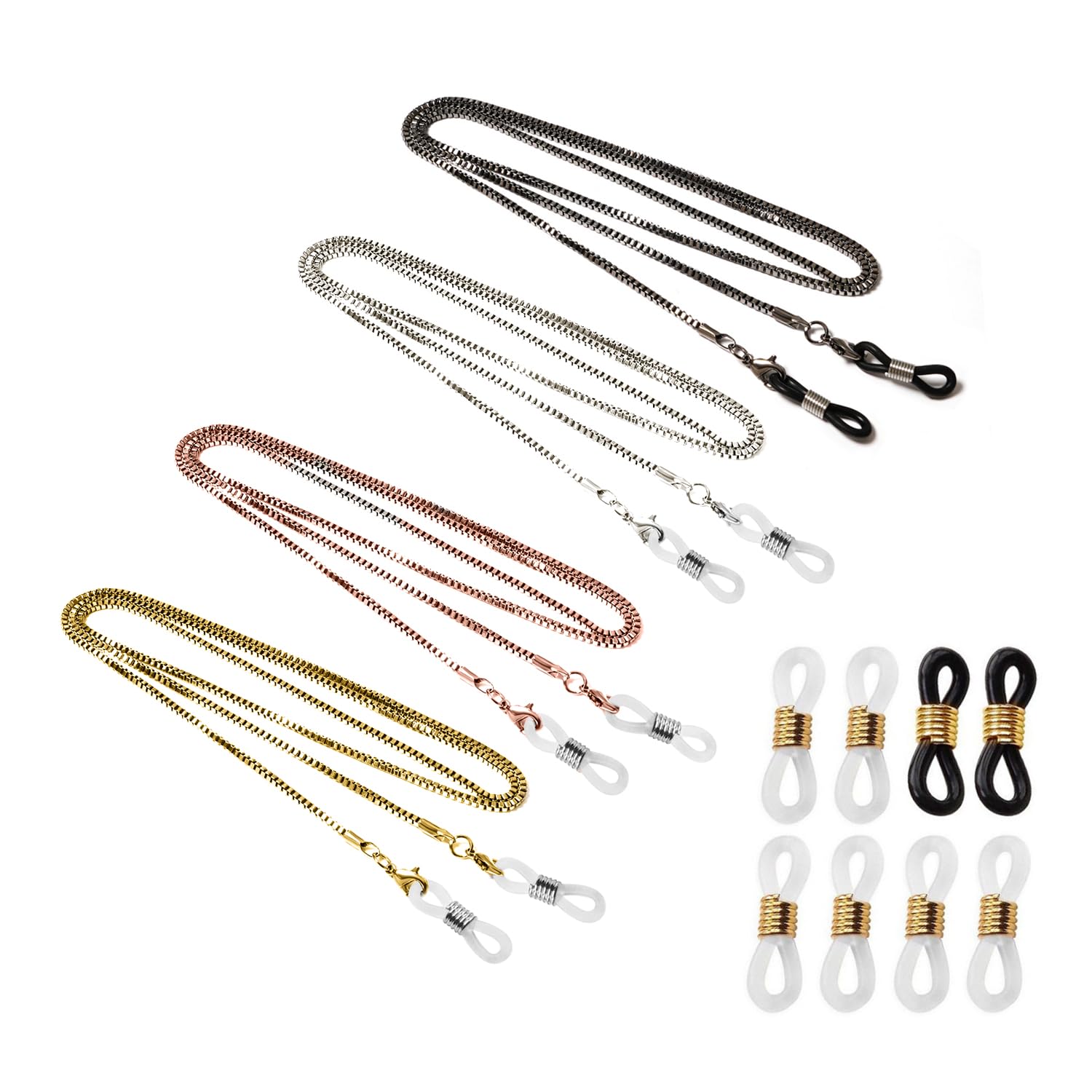 TAFACE 4 cadenas de gafas retro con 4 pares de hebillas antideslizantes, cordón de gafas de sol neutro, cadena de gafas de lectura de aleación, cadena anticaída de gafas (negro, oro, plata, oro rosa)